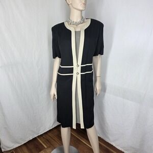 Vtg Perceptions Jacket Dress Womens 14 Black Colorblock Sheath Short Sleeve